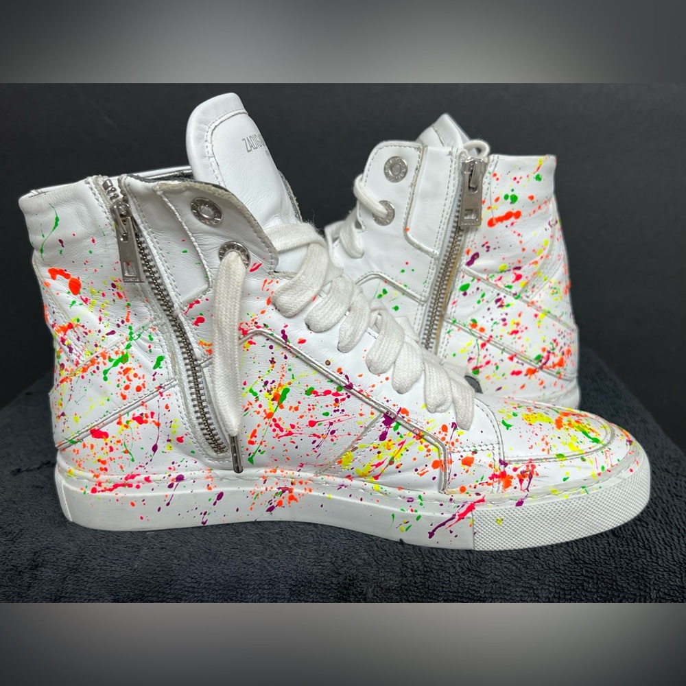 Zadig & Voltaire High Flash Keith Leather Hi White Graffiti Sneakers Women’s 38 - Picture 4 of 11